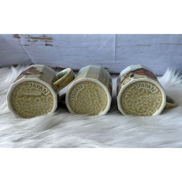 Set of 3 Vintage Japanese Stonewear Mugs, Earth tones with orange designs. - Picture 4 of 6